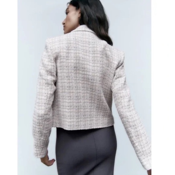 Zara Double Breasted Tweed Jacket Large Gray Texture Weave Crop Blazer Academia - Picture 3 of 16